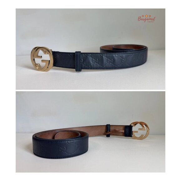 Authentic Gucci Black Guccissima Leather Gold Interlocking G Buckle Belt 85/34 - Picture 10 of 13
